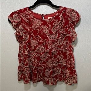 MI AMI by FRANCESCA’S Red and White Ruffled Cap Sleeve Blouse